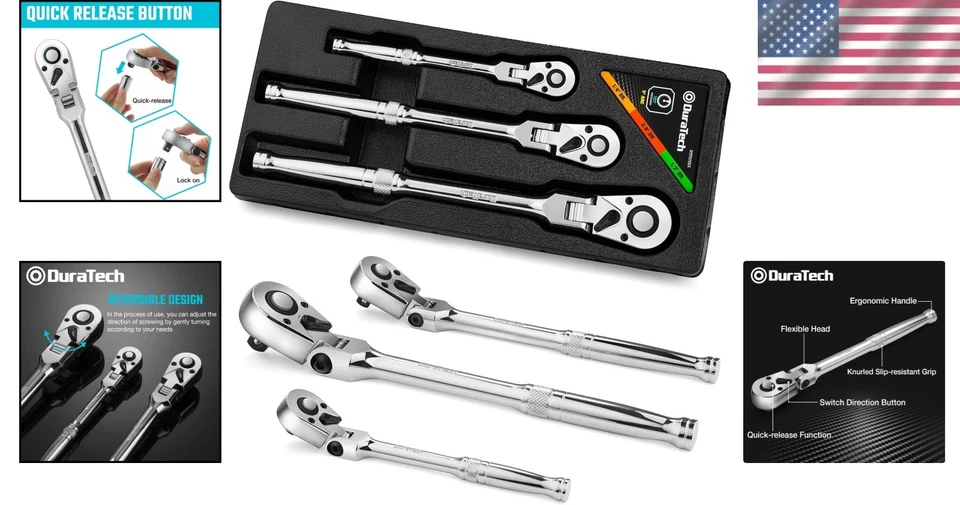 Professional 72-Tooth Flex-Head Ratchet Set in Polished Chrome Alloy Finish - Image 2 of 4