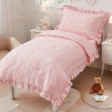 4 Piece Boho Tufted Bedding Set for Girls Pink Ruffle Crib Bed Sheets Set Sof...
