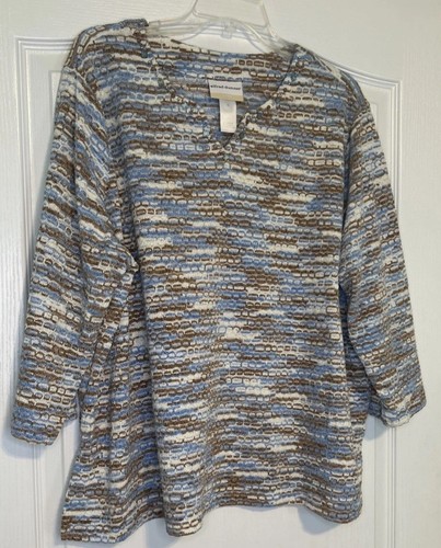 Alfred Dunner Top Women’s Size 2X Beaded V Neck Thin Sweater Tan Blue - Picture 3 of 7