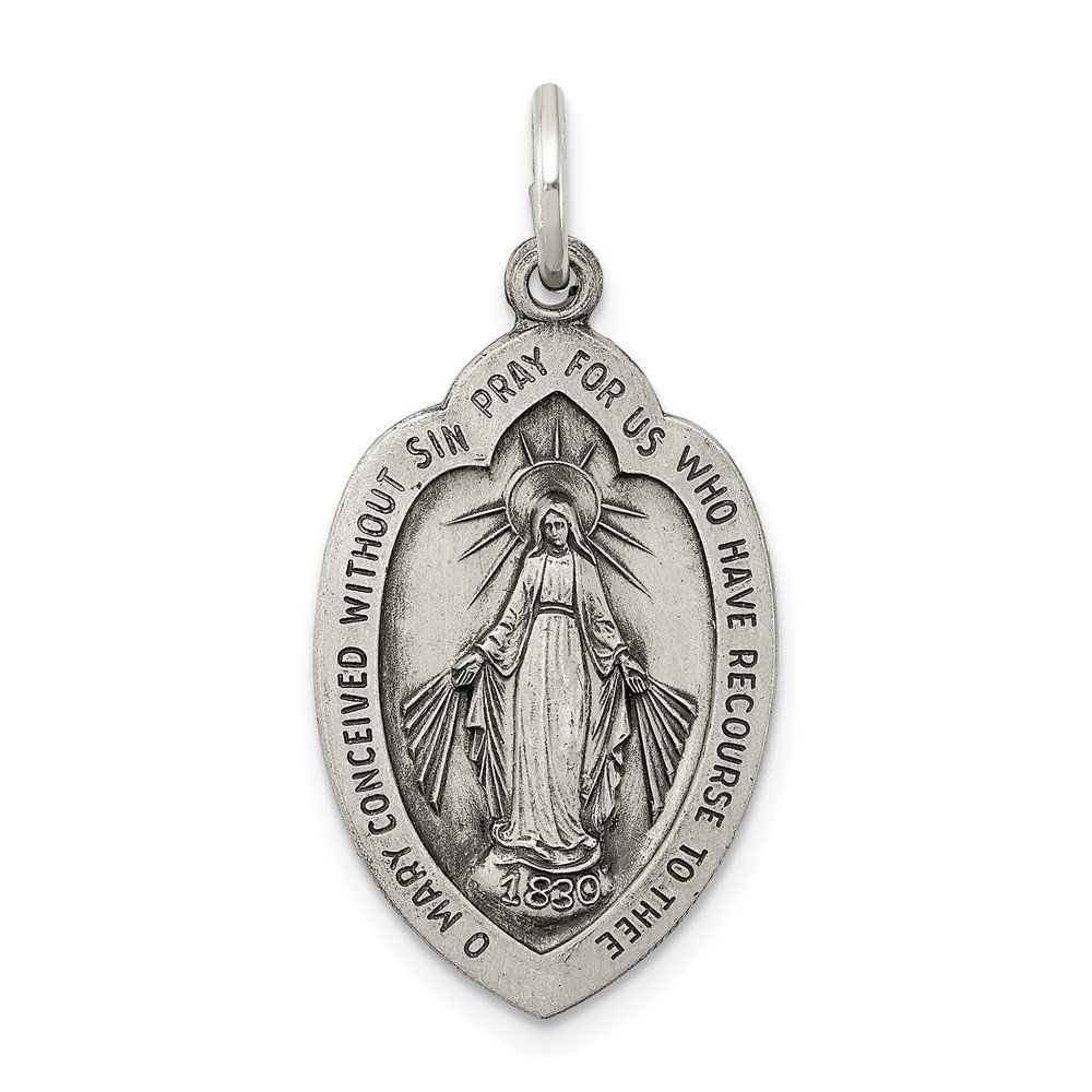 Sterling Silver Antiqued Miraculous Medal Pendant 1.67gm L-1.11 Inch