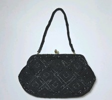 Vintage Beautiful Black Beaded Evening Purse Clutch Kiss Lock Korea