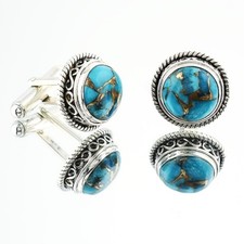 Round Copper Mohave Turquoise Gemstone Cufflinks Sterling Silver Men's Jewelry