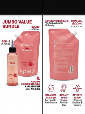 A'PIEU Raspberry Hair Vinegar 600ml Value Set (Bottle + Refill) Scalp Care K-Bea