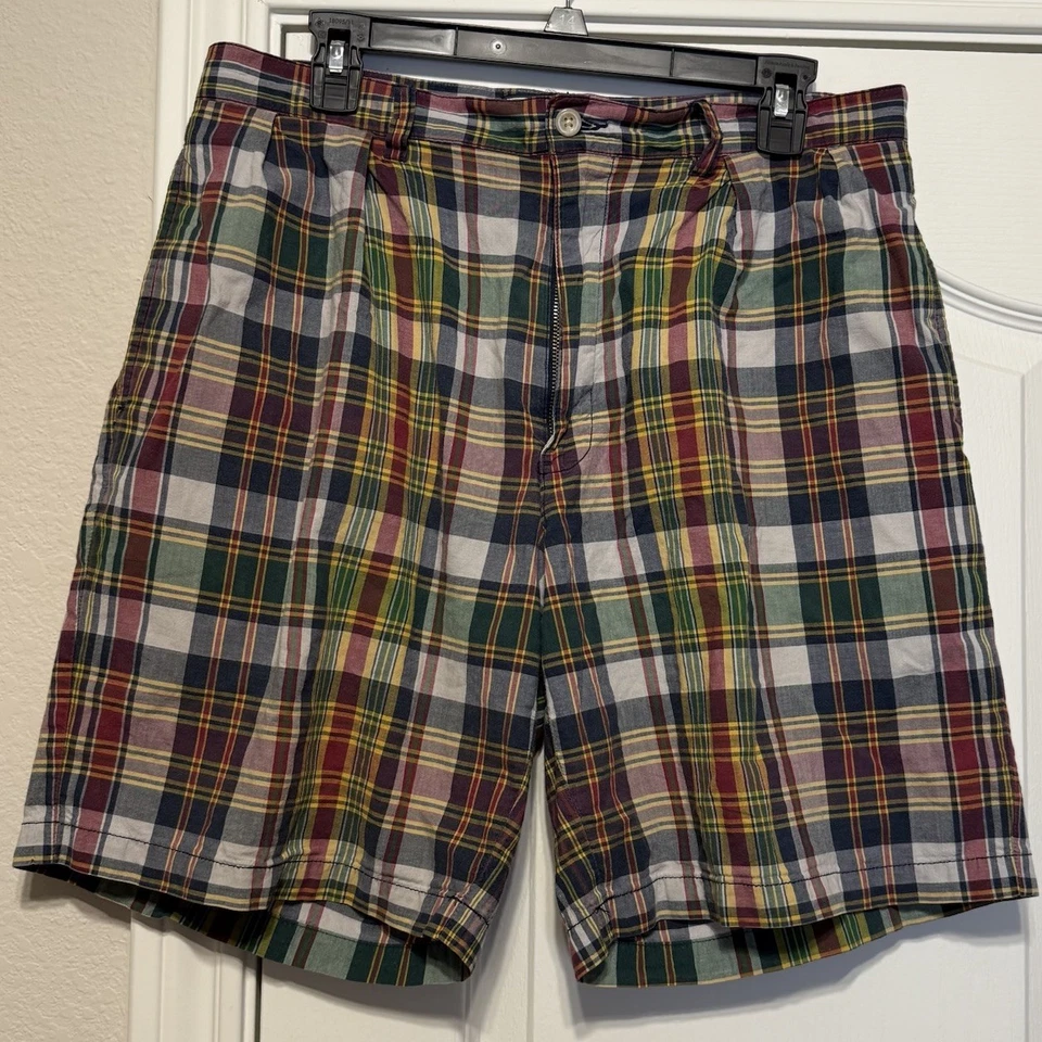 Pantalones Cortos Polo Ralph Lauren Para Hombre 33 Marrón Rojo Cuadros Tyler Plisado Clásico Preppy Foto 2 de 4