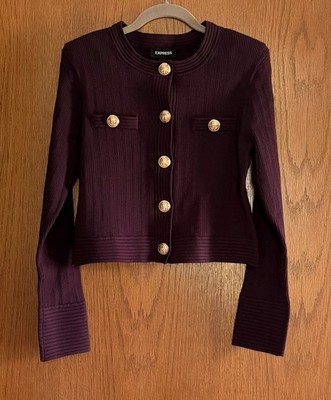 Express Women s Cropped Ribbed LS Aubergine Plum Sweater L Career Office Classic