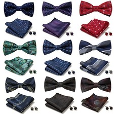 New Wedding Bow Tie,Hanky,Cufflinks Set Satin Woven Party Regular Prom with Box