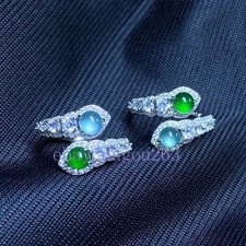 Certified natural A-grade jadeite green-blue Two Egg 925 silver inlaid ring