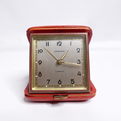 Vintage Antique Junghans 7 Jewel Travel Alarm Clock Leather Case Made In Germany