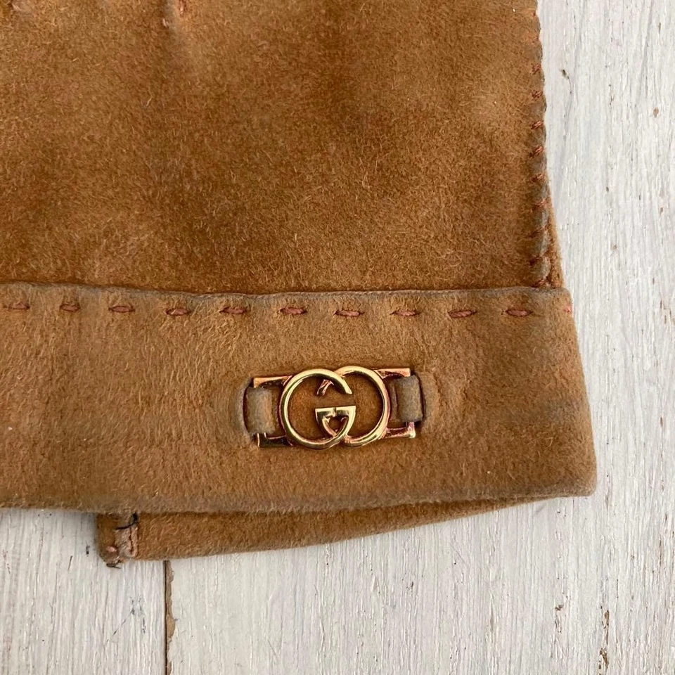 Auténticos Guantes GUCCI Entrelazados G Cinco Dedos Gamuza Marrón Hecho en Italia Foto 3 de 4