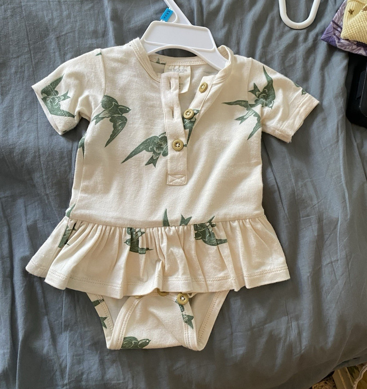 KQ short sleeve henley skirted bodysuit green bird | beechwood modal  0-3m