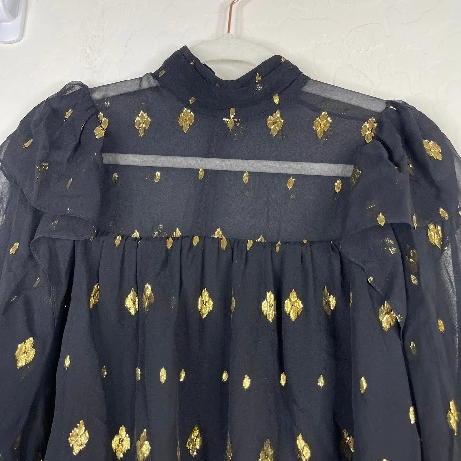 A.L.C. Шелковый мелони блузка верхний металлический печать насмешливый шеи длинным рукавом черный размер 2 - Изображение 3 из 4