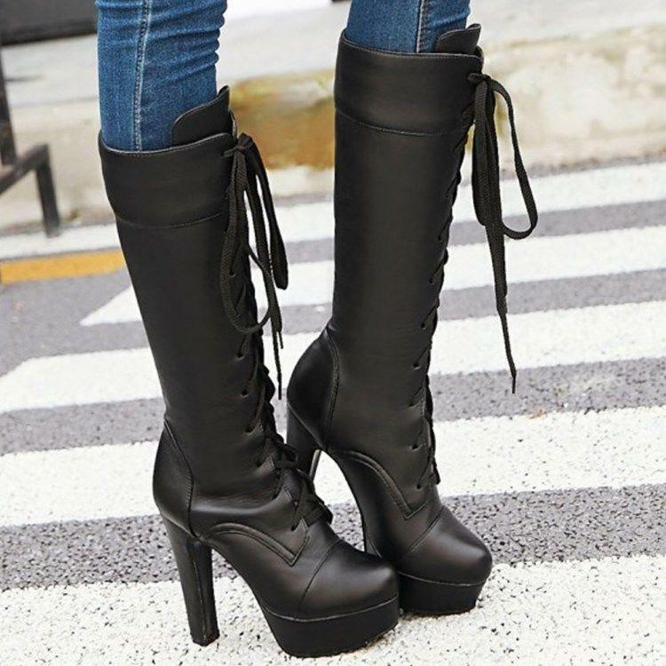 Womens Round Toe Punk Motorcycle Knee High Heels Boots Platform