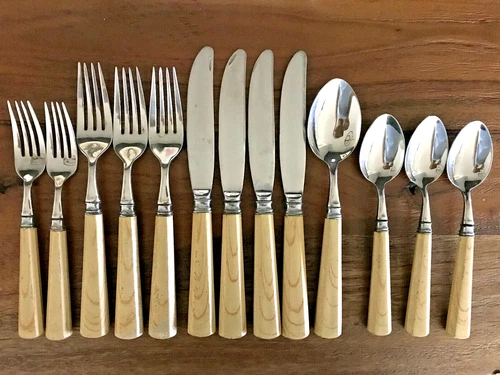 William Sonoma Stainless Faux Wood Handle Flatware  13 Pcs Hard to Find Blonde