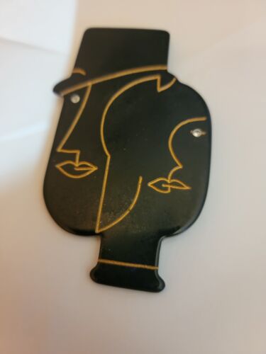 Vintage Art Deco Lucite Black & Gold Brooch Broadway Front Row Top Hat Style - Picture 2 of 7
