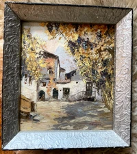 Oil Painting Autumn Yard Mediterranean° Unreadable Signed Frame Home Antique