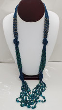 Beaded Glass Multi Strand Necklace Turquoise Blue Silver Tone 36" Adjustable