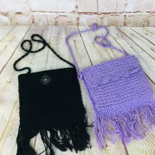 2 vtg crochet knit purses Black and purple boho