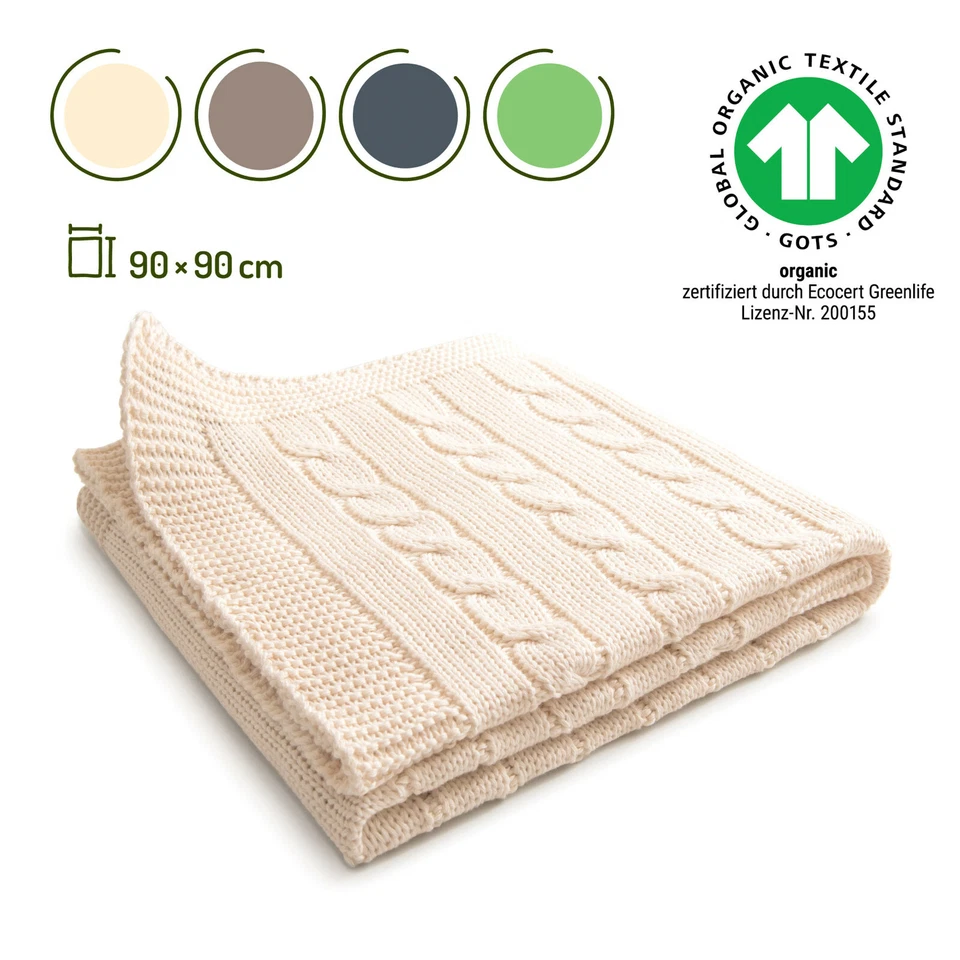SONNENSTRICK Babydecke Schmusedecke Kuscheldecke Zopfmuster 100 % Bio Baumwolle kba 90x90cm