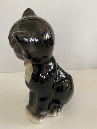 Royal Copley Black Tuxedo Cat W/Label Figurine Green Eyes Pink Bow Kitschy Vtg - Picture 3 of 19