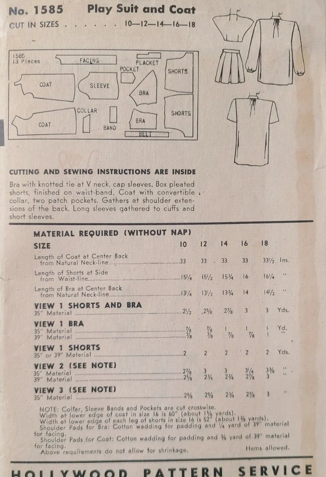 Vtg 1940s Hollywood 1585 Sew Pattern Pin Up Playsuit Shorts Midriff Shirt Jacket - Image 4 of 4