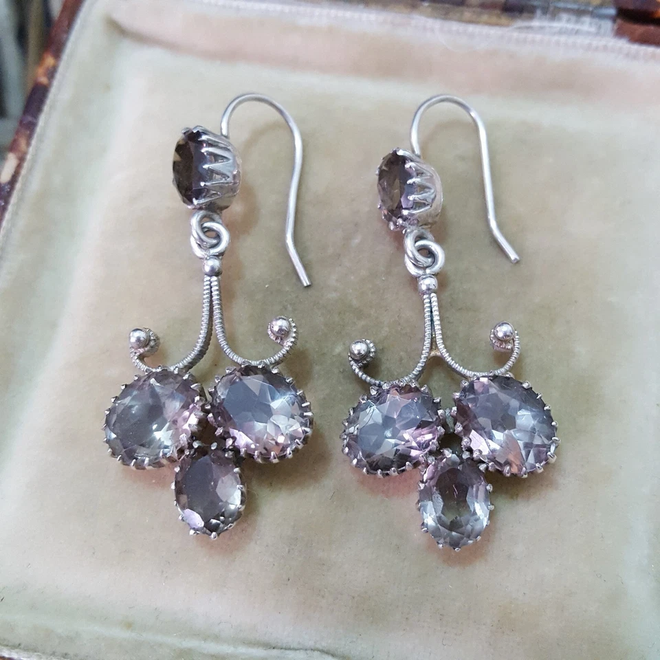 Art Deco Vintage 925 Sterling Silver Earrings, Natural Smoky Quartz Dangle - Image 2 of 4