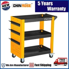 3 Tier Rolling Tool Cart w/ Pegboard Hooks Wheels Metal Heavy Duty Utility NEW