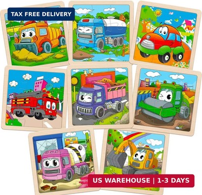 Wooden Puzzles for Toddlers 2-4, 8 Pack Vehicle Car Construction Jigsaw Puzzles