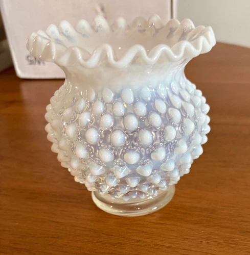 RARE Fenton Hobnail Clear White Opalescent - Crimped Top 4.5" high Bud Vase