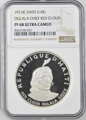 1971 C HAITI Silver 10 GOURDES NGC PF-68 OGLALA CHIEF RED CLOUD