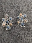 Vintage Blue & Champagne Rhinestone Clip On Earrings Silver Tone Costume Jewelry