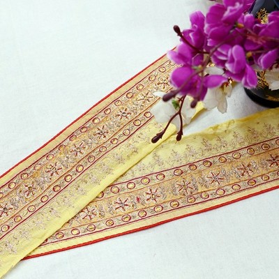 Vintage Saree Border Yellow Hand Embroidered 1yd Craft Trim Lace Sewing Zari