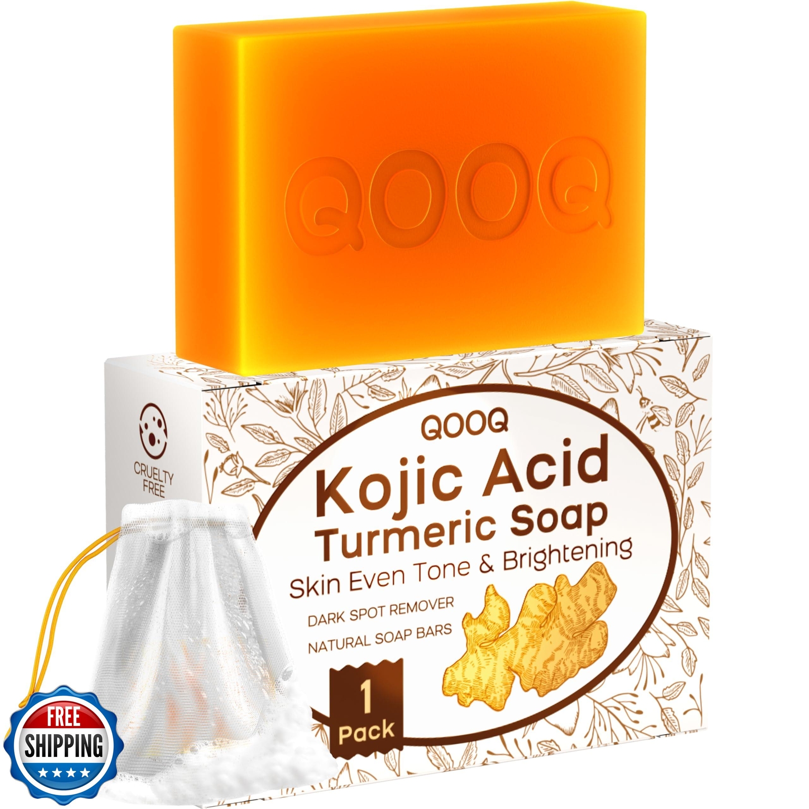 QOOQ Turmeric Kojic Acid Soap for Face & Body – Brightens Skin & Fades Dark Spots with Vitamin E