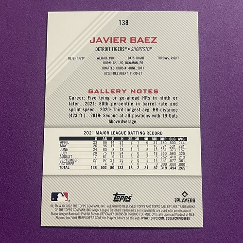 2022 Topps Gallery SP Rainbow Foil Javier Baez #138 Detroit Tigers - Picture 2 of 3