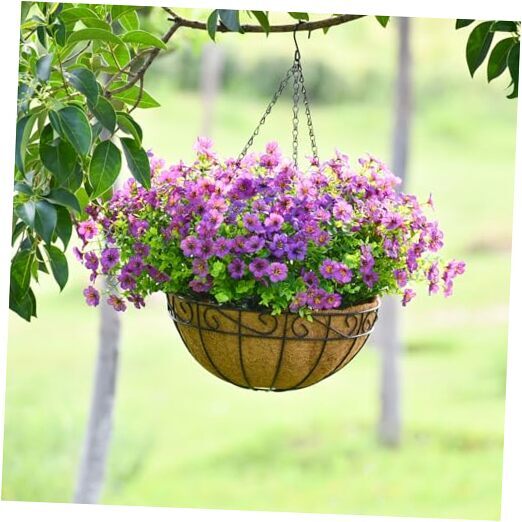 14 Inch Artificial Faux Hanging Plants Flowers Basket for Outdoor Spring Purple