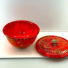 vtg SUNKIST POTTERY sz Small Bowl + Lid #203 Van Nuys Cali Fiery Orange Gold USA