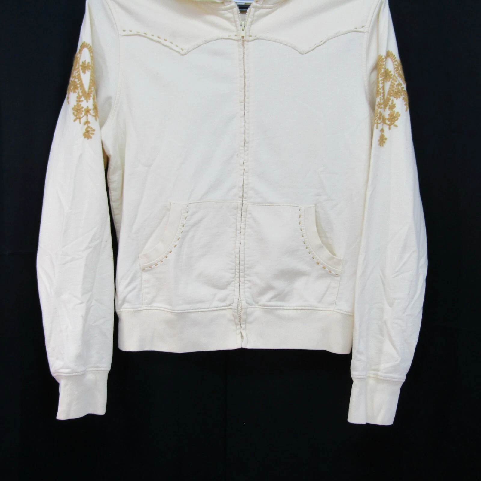 OFF WHITE Roper felpa con cappuccio donna grande avorio oro ricamo cuciture grezze full zip western