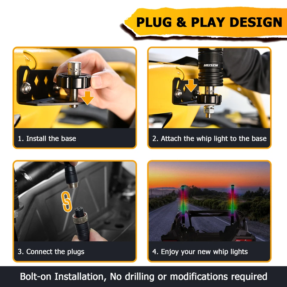 Pair 2FT Spiral LED Fat Whip Light Antenna RGB Chasing For Can-am X3 RZR UTV ATV - Image 3 of 4