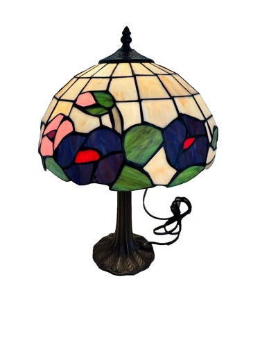 Vintage Tiffany Style Stained Glass Hummingbirds Floral Design Table Lamp 19" T