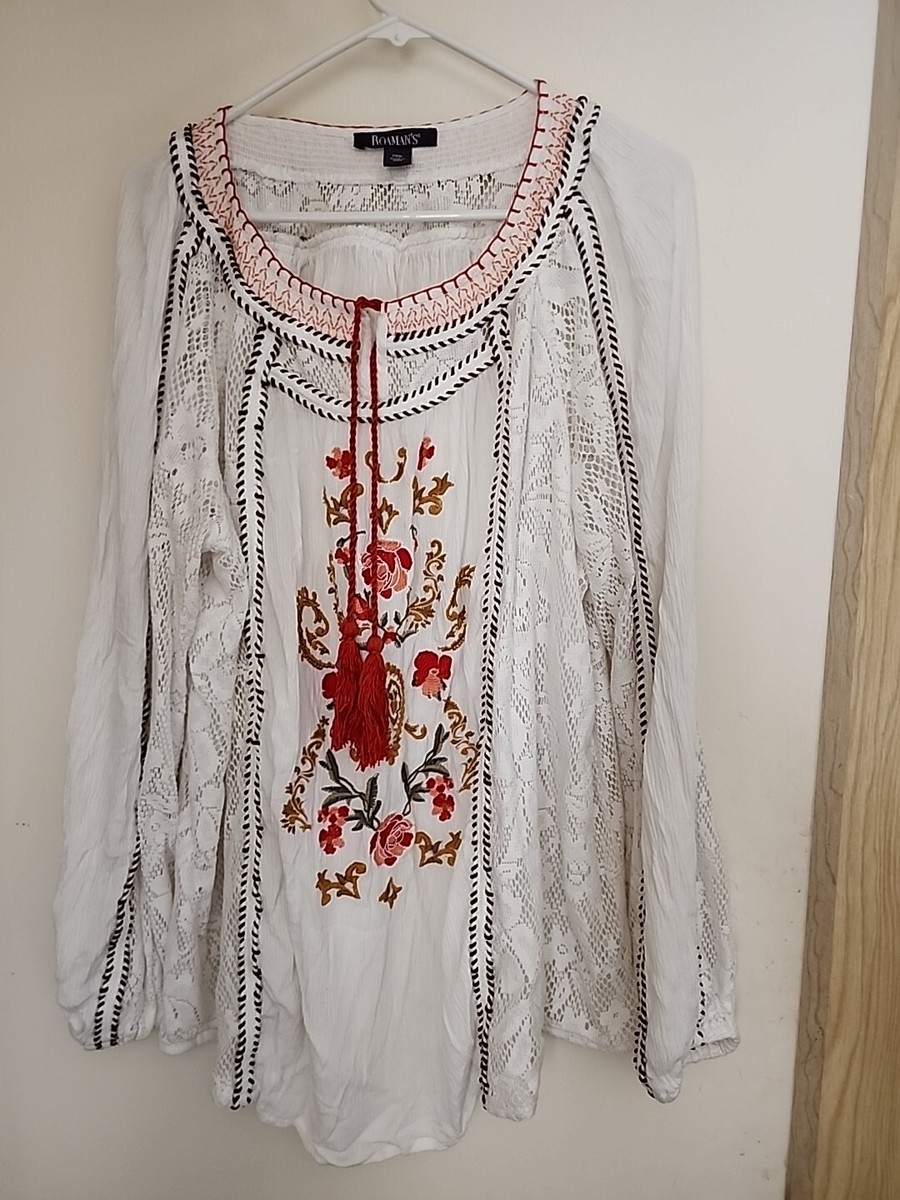 Roamans Plus Size Embroidered Boho Tunic Size 20 W Flowy White