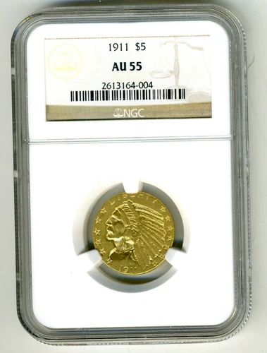 1911 INDIAN HEAD $5 HALF EAGLE GOLD NGC AU55