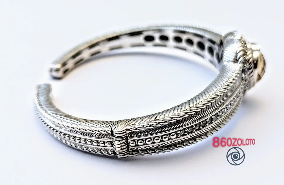 NEW RIPKA RETIRED 925 SILVER SMOKY QUARTZ HEART DIAMONIQUE HINGED CUFF BRACELET - Image 2 of 4