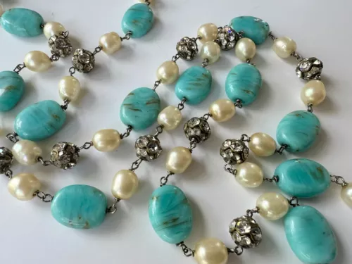 Vintage Maison Gripoix French Turquoise Glass Bead Faux Pearl Rhinestone Sautoir