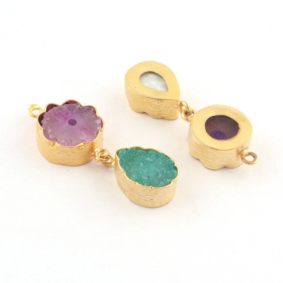 Par de conectores para artesanato faça você mesmo pedra preciosa de quartzo solar natural folheada a ouro amarelo - Imagem 3 de 4