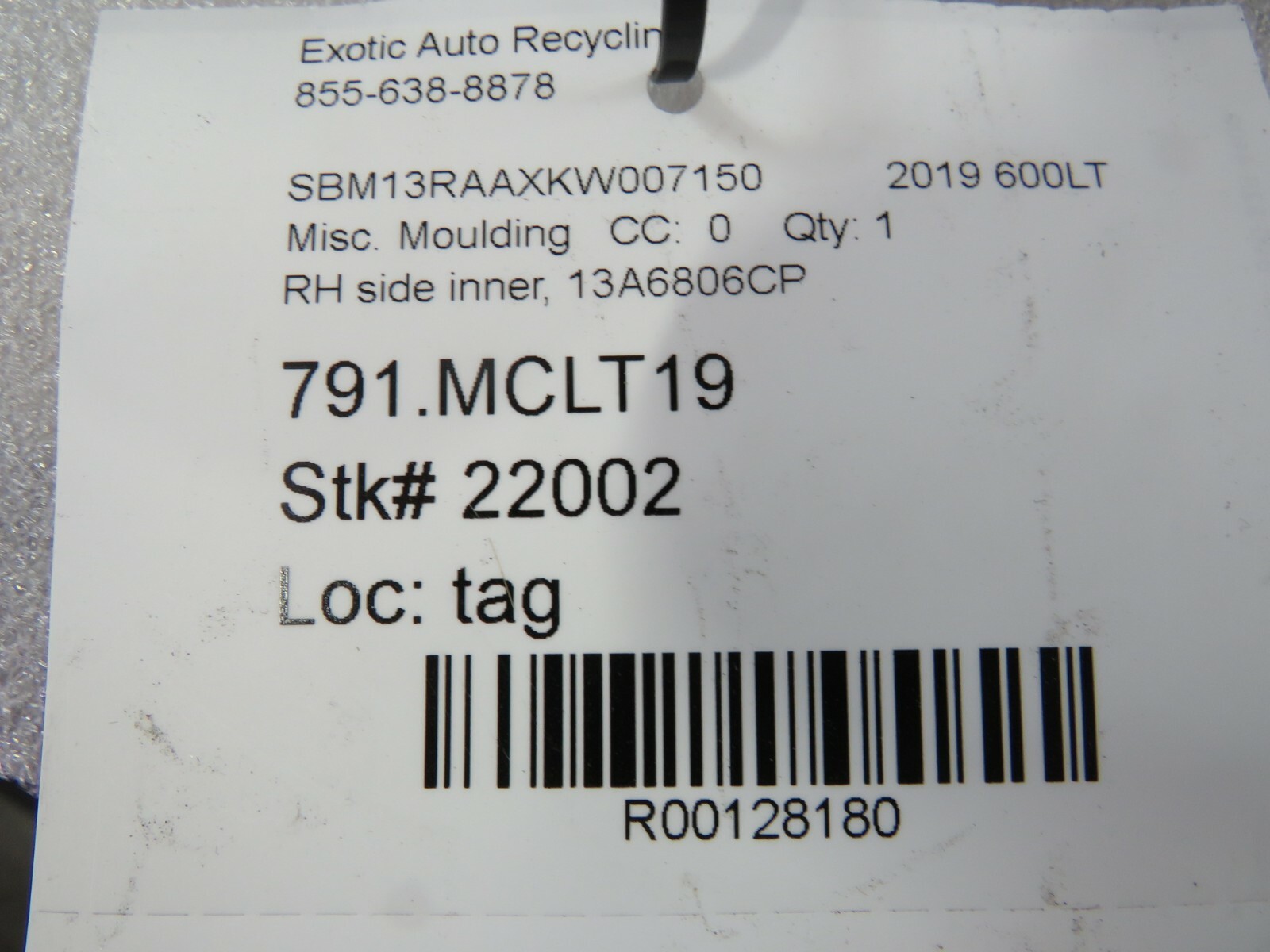 Mclaren 600LT, RH, Inner Side Moulding, Used, P/N 13A6806CP