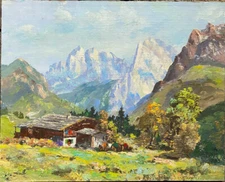 Unclearly Signed Alpine Hut Sky Meadow Autumn Snow Sunshine Antique