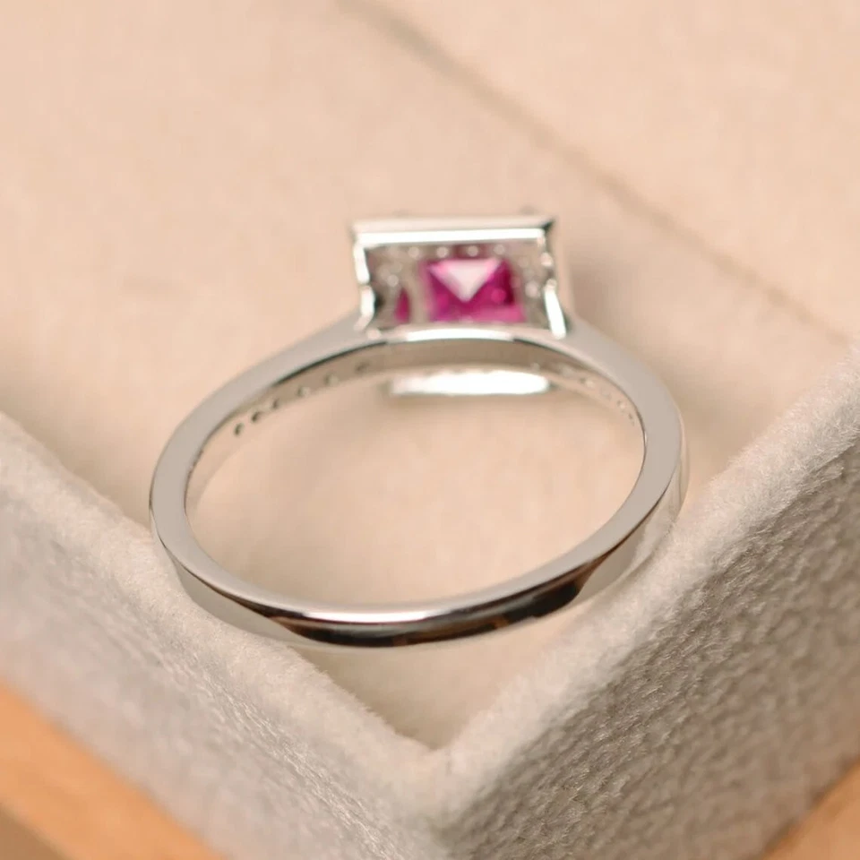 Pink Ruby Women Ring Lab Created Princess Cut Gemstone 925 Sterling Silver Ring - Image 4 of 4