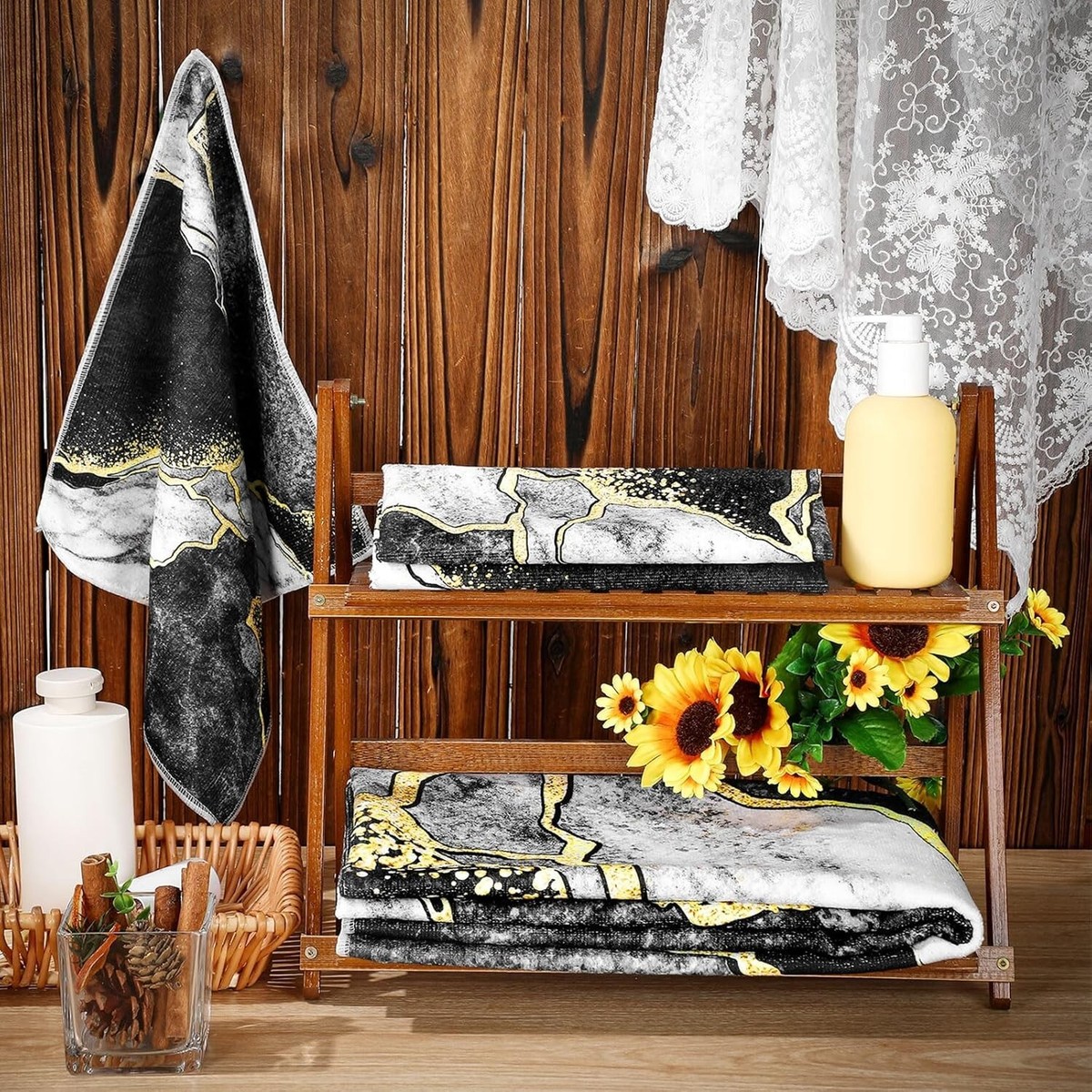 Preboun Pack Black Marble Bathroom Towels Set Gold Line Hand New