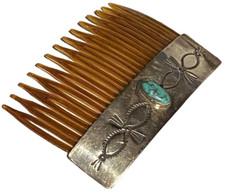 RNS VINTAGE NAVAJO NATIVE AMERICAN STERLING SILVER TURQUOISE ARTISAN HAIR COMB