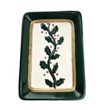 ALLURE 1997 Ceramic Christmas Holly Soap Dish Trinket Tray Gold Rim 6x4 in