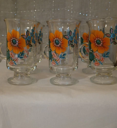 Vtg Anchor ⚓ Hocking Orange Poppy  Pattern Irish Coffee Cups Set Of 6 Beautiful 